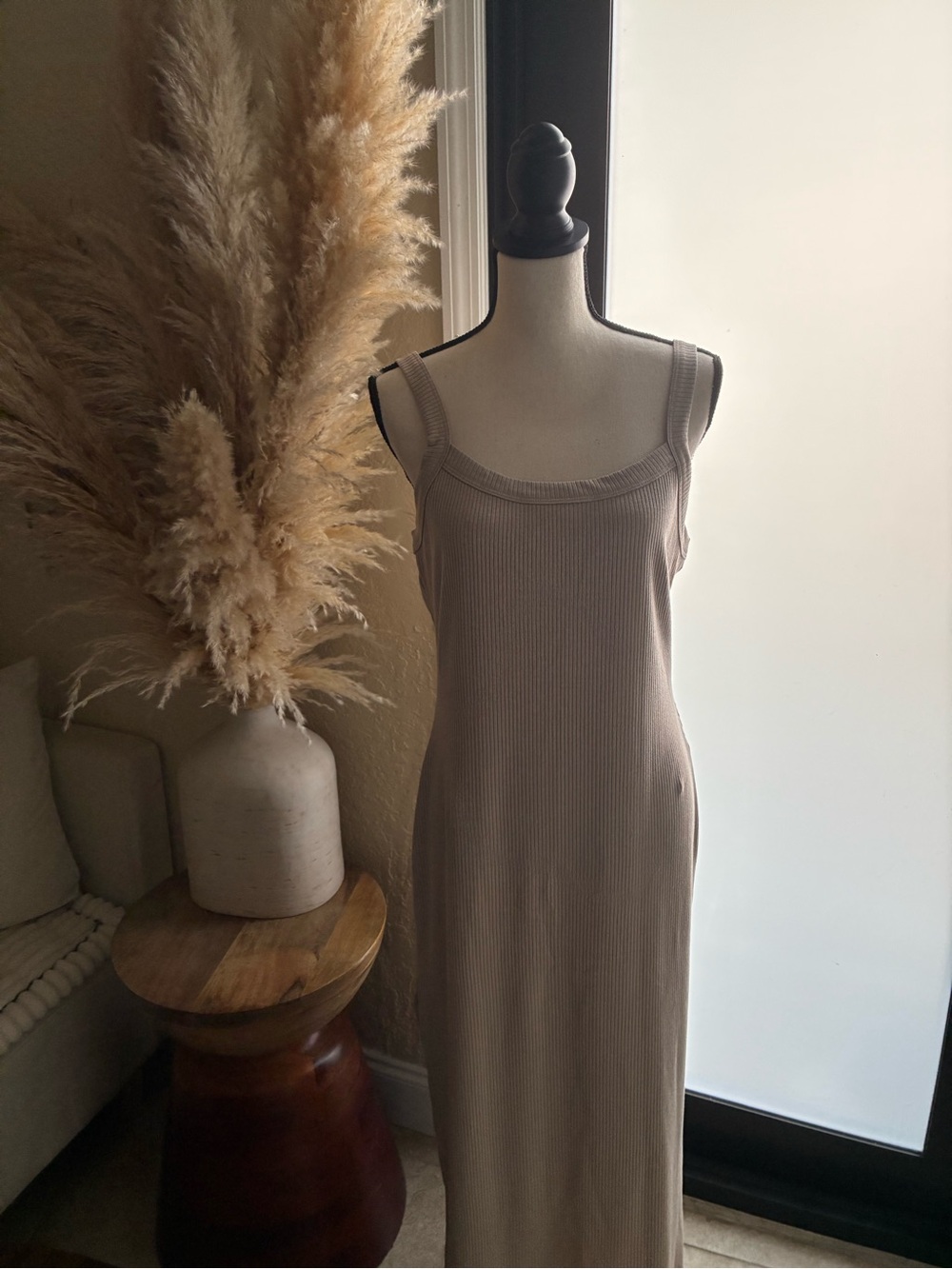 Tyche Ribbed Tank Maxi Dress in Taupe